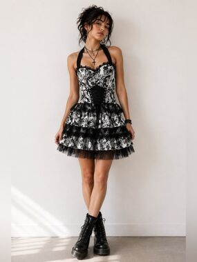 New Skull Corset Dress Gothic Lace Tulle Ruffle Mini Dress Size 10 Halloween